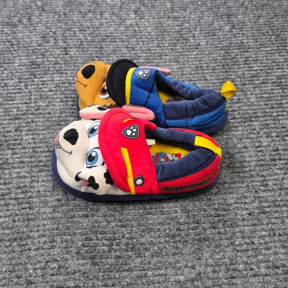 Paw Patrol Chase & Marshall Plush Slippers Boy's Size M 7/8 Blue Red  Slip On